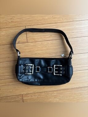 Y2K black faux leather silver buckle shoulder bag